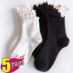 Meias de algodão babados para mulheres, meia coreana, lolita fofa, kawaii, preto, branco, tubo médio, japonês, menina, primavera, 1 pc, 2 pares, 3 pares - AliExpress Japanese Socks, Korean Socks, Ruffled Socks, Ankle Socks Women, Women Crew Socks, Black And White Fabric, Estilo Preppy, Style Preppy, Calf Socks