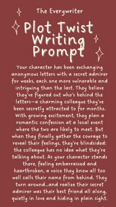 Looking for inspiration for your next story? This unique writing prompt will spark creativity and bring your characters to life! Whether you're diving into romance, exploring character emotions, or building tension in your plot, this writing idea is perfect for adding depth to your narrative. Save this prompt to your 'writing tips' board for when you need that extra push to overcome writer's block. Great for aspiring authors or seasoned writers looking to develop their storytelling skills! Movie Writing Prompts, Roleplay Ideas Plots Detailed, Flirty Rivals Writing Prompts, Writing Plot Prompts, Writing Prompts Romance Spicy, Book Starters Writing Prompts, Fantasy Story Plot Ideas, Book Plot Ideas Writing Prompts, Screenwriting Prompts