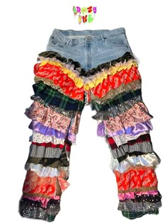 - made to order - custom  jeans ruffles with fabric & tulle  a little baggy mom jeans look im wearing a size xl Fall Denim Ruffled Bottoms, Ruffled Denim Bottoms For Fall, Mom Jeans Look, Ruffle Jeans, Baggy Mom Jeans, Custom Pants, Diy Fashion Projects, Denim Pants Fashion, Festival Outfits Rave