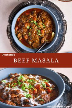 beef masala in a blue bowl with sour cream and garnish on top