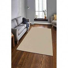 a living room with a white rug on the floor and a window in the background