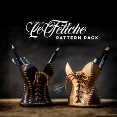 two leather boots with pencils in them and the words stitching pattern pack written below