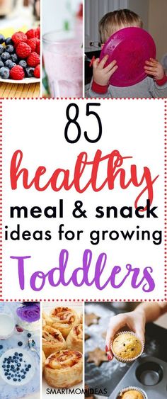 the words healthy meal and snack ideas for growing toddlers are overlaid with images of food