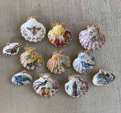 nine seashells are sitting on the floor next to each other, all decorated in different designs