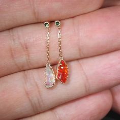 Two Colors Fire Opal Tsavorite Drop Earrings 18k Gold | The Wind Opal Promise Ring, Rings For Couples, Australian Black Opal, Opal Birthstone, Promise Rings For Couples, Mexican Fire Opal, Jewelry For Sale, Earrings Pendant, Threader Earrings