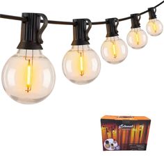 light bulbs are hanging from a string on a white background with an orange box underneath