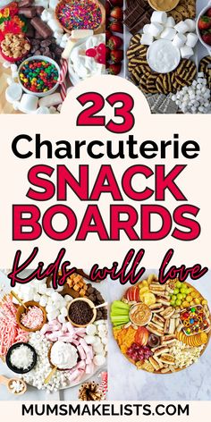 various snacks and desserts with the words 17 charlotte s snack boards kids will love Easy Candy Charcuterie Board, Pajama Party Charcuterie Board, Easy Snacks For Entertaining, Snacks Charcuterie Board Ideas, Finger Foods Charcuterie Board, Snack Board For Party, Snack Charcuterie Board Ideas For Kids, Snack Grazing Board, Snack Board Dinner