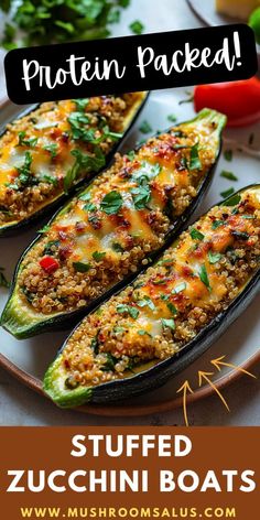 stuffed zucchini boats on a plate with text overlay that reads protein packed stuffed zucchini boats