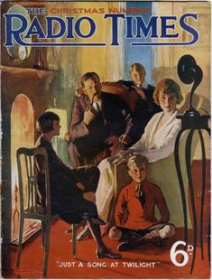 the radio times magazine cover with an image of some people sitting in chairs and one man standing