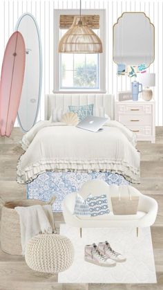 a bedroom with white furniture and surfboards on the wall, along with other items