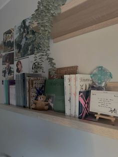 there are many books on the shelf in this room and one has a teddy bear