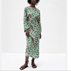 Genuine Zara New With Tag Material: Color: Green, Pink, Red Lovely Floral Print Midi Dress. Loose Long Sleeves. Flattering Straight Neckline With V Drop In Back. Comfortable And So Chic Floral Print Long Midi Dress For Daywear, Spring Silk Floral Dress, Green Floral Print Rayon Maxi Dress, Green Floral Rayon Maxi Dress, Green Long Sleeve Viscose Dress, Printed Viscose Midi Dress For Daywear, Silk Long Sleeve Midi Dress For Garden Party, Silk Long Sleeve Printed Midi Dress, Spring Silk Midi Dress With Print