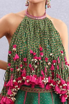 Buy Torani Green Pure Cotton Silk Panna Ashvamedha Lehenga And Blouse Set Online | Aza Fashions Ropa Upcycling, Layered Fringe, Bohol, Trendy Blouses