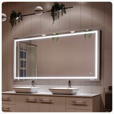 a bathroom with two sinks and a large mirror