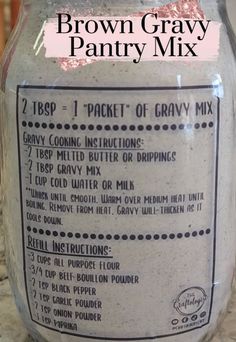 a jar filled with brown gravy pantry mix