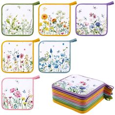 six placemats with flowers and butterflies on them in different colors, each one has a zippered closure