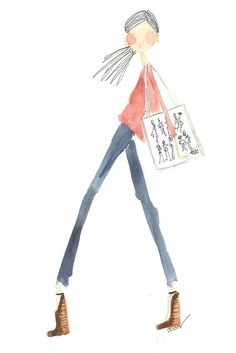 a drawing of a woman carrying a shopping bag