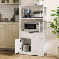 a white microwave oven sitting on top of a wooden shelf next to a potted plant