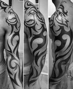 three different views of a man's arm and shoulder with tattoos on it, including the