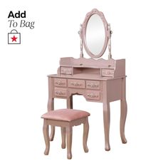 a pink dressing table with a mirror and stool next to it on a white background