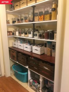 an organized pantry with lots of food and containers on the shelves, including plastic bins