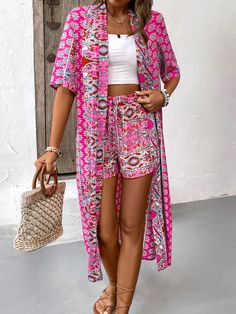 Multicolor Bohemio Collar   Floral,Tribal,todo estampado  Embellished No-Elástico Kimono With Shorts, Cargo Pants Women Outfit, Jacket And Shorts, Leopard Print Shirt, Womens Dress Suits, Open Front Jacket, Classy Dress Outfits, Estilo Hip Hop, Beach Fashion