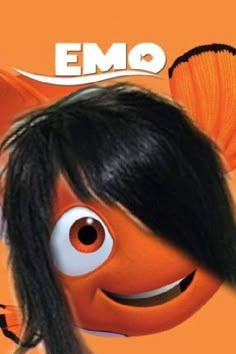 an animated character with long black hair and big eyes in front of an orange background