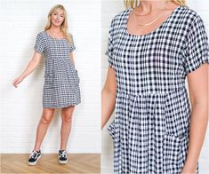 "Vintage 90s White + Black Mini Dress - Ties in the back - Two front pockets - Gingham Plaid Print -Measurements- Estimated Size: Small/Medium   Bust: 38\" Waist: 36\" Hips: free Length: 33\" Sleeve: 6\" Model is 5'9 and measures 32/25/34" Check Dress, Black Mini Dress, Gingham Check, Plaid Shorts, Plaid Print, Tie Dress, Dress Vintage, Black Mini, Dress Clothes For Women