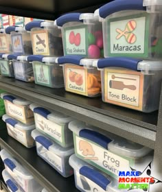 plastic containers are stacked on top of each other in a store shelf with labels for different foods