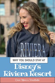 a woman with long blonde hair wearing a disney's riviera resort sweatshirt