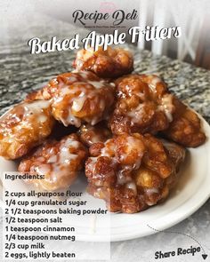 the recipe for baked apple fritters on a white plate