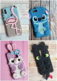 four crocheted cell phones are shown in three different colors and designs, one is blue, the other is pink