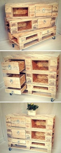 two pictures of an old dresser made out of pallets and wooden crates with wheels