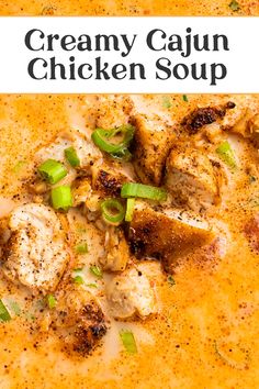 creamy cajun chicken soup in a white bowl