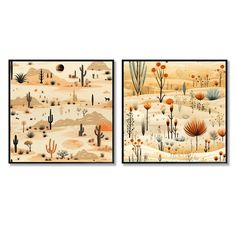 two paintings depicting desert scenes with cactus trees