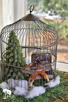 a birdcage filled with green plants and an alarm clock