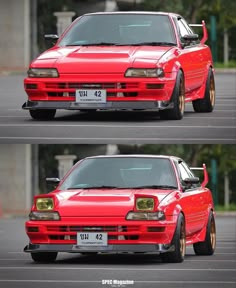 two pictures of the front and side of a red car