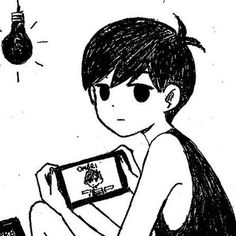 a black and white drawing of a boy holding a tablet with an idea lightbulb above him