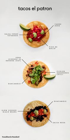 three tacos that are labeled in different languages