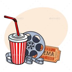 a movie ticket and a drink with a straw - food objects