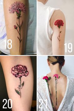 four different tattoos with flowers on the back of their arm and shoulder, all in different colors