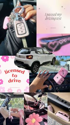 a collage of photos with pink flowers and keys in the drivers side of a car