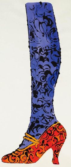 a drawing of a high heeled shoe in blue and orange