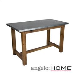 a table made out of wood and concrete with a metal top on an isolated white background