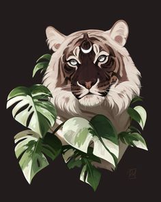 a tiger with green leaves around it's neck