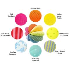 an assortment of different colored balls with names on them