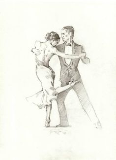 a pencil drawing of two people dancing