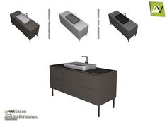 four different types of sinks and cabinets in various colors, shapes and sizes are shown