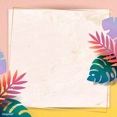 an empty paper with tropical leaves on it next to a pink and yellow wallpaper