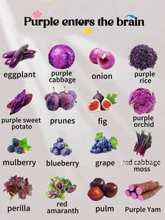 an image of fruits and vegetables with the words purple enters the brain in english on it